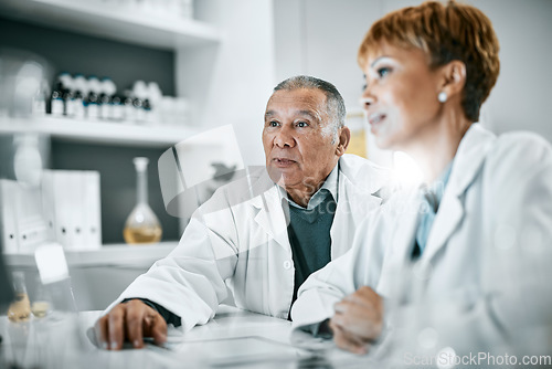 Image of Doctors, senior people or scientist in science laboratory for DNA research, medical and medicine data analysis. Search, healthcare teamwork or nurse for health, cancer innovation or virus test study