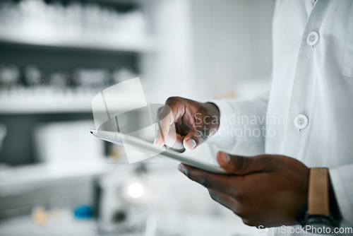 Image of Science, research and hands of scientist with tablet for analytics, medical report and test result. Pharmaceutical, healthcare and black man typing on digital tech for data, analysis and prescription