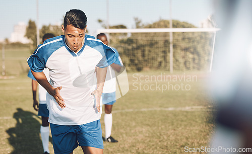 Image of Soccer, fitness and man on training field with team with focus, mission and mindset for winning game in Brazil. Sports, workout and young professional football player on grass exercise for match