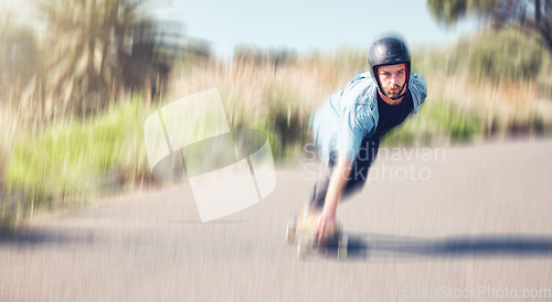 Image of Motion blur, skater and mockup with a sports man moving outdoor on an asphalt street at speed. Skateboard, fast and mock up with a male skating on a road for fun, freedom or training outside