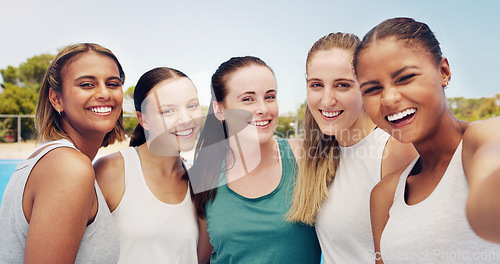 Image of Women, friends group and fitness with selfie outdoor, young tennis athlete and team in sports portrait on training court. Diversity, smile in picture and exercise with youth and sport wellness