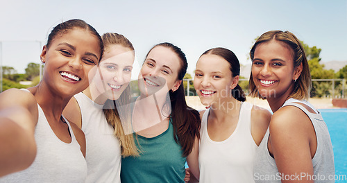 Image of Women in selfie, friends and fitness in portrait outdoor, tennis athlete and team together, sports group on training court. Diversity, smile in picture and exercise with youth and sport wellness