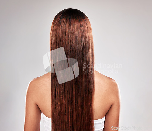 Image of Salon hair and beauty of woman with texture health, shine and smooth keratin style of people. Self care, aesthetic or female with glow treatment of person back view at isolated studio gray background