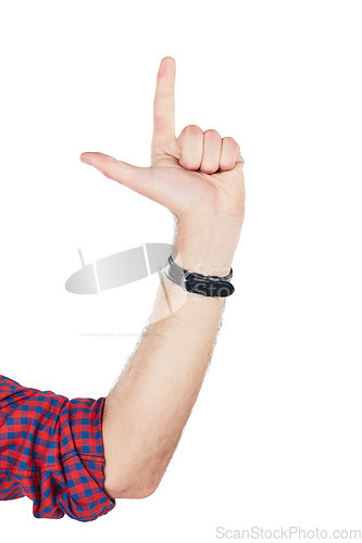 Image of Hand, count and fingers pointing in a studio for direction, mathematics or timer solution. Count down, sign and male model with sign language or symbol hands number gesture by a white background.
