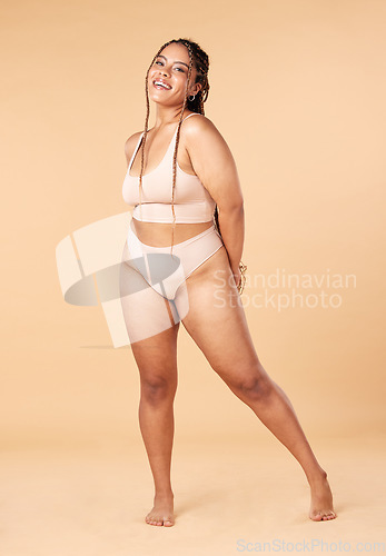 Image of Woman, smile in portrait with underwear and body, positivity and beauty, fitness and skin isolated on studio background. Health, wellness and happy with nutrition, cellulite and dermatology mockup
