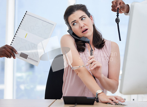 Image of Phone call, documents and time with a multitasking woman in her office, feeling overwhelmed by business demands. Stress, overworked and agenda with a female employee having trouble with her schedule