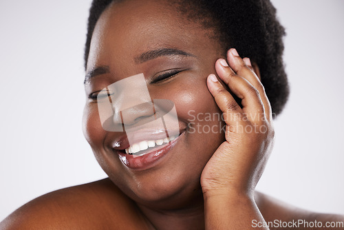 Image of Skincare, black woman and cosmetics for dermatology, smile and confident girl on grey studio background. African American female, lady and makeup for beauty, grooming or salon treatment for body care