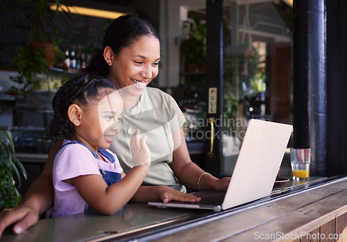 Image of Mother, daughter and laptop for video call in cafe, greeting and conversation for quality time, relax or chatting. Love, mama or girl in coffee shop, online for connection or communication with smile