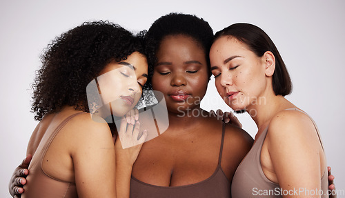 Image of Diversity, feminism and women in a studio for empowerment, girl power and femininity sisterhood. Multiracial, peace and female friends with self love, positive and calm mindset by gray background.