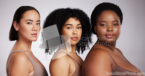 Image of Women, diversity studio portrait and beauty for aesthetic, care or race equality with plus size solidarity. Model, asian and black woman with cosmetics, makeup and wellness with support by background