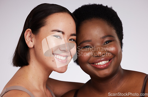 Image of Beauty, portrait and diversity women isolated on a white background of skincare, cosmetics or self love. Asian model, black woman or international people face for makeup, dermatology and studio smile