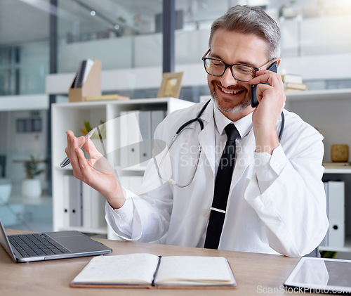 Image of Networking, consulting and doctor planning on a phone call, healthcare contact and smile for results. Happy, medicine and clinic employee talking on a mobile for medical discussion and ideas