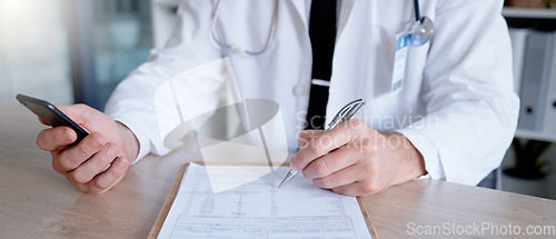 Image of Hands, writing on checklist and doctor with phone in hospital for healthcare, information or research. Telehealth technology, smartphone and medical professional with mobile, clipboard and documents.