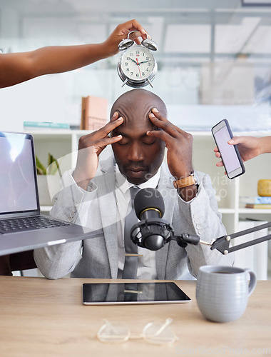 Image of Work chaos, headache and multitasking management of a podcast worker with anxiety. Stress, tired and corporate burnout in a office with a radio presenter feeling fatigue from technology and job