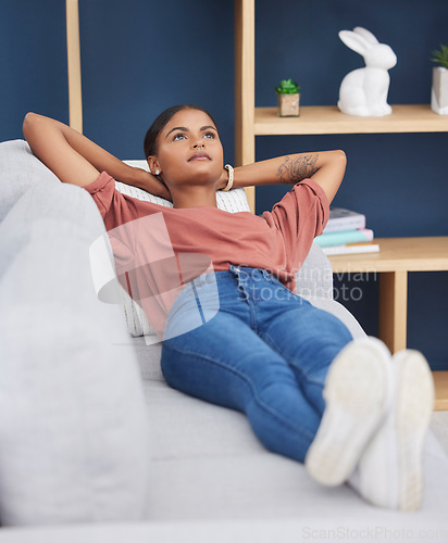 Image of Relax, thinking and woman lying on sofa for afternoon nap or rest in calm apartment on weekend. Sleep, daydream idea and girl on couch relaxing on lunch break in stress free and zen time to chill.