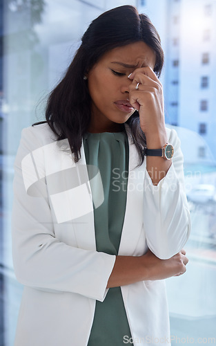 Image of Window, business and black woman with stress, burnout and overworked in office, depression or anxiety. African American female employee, ceo or entrepreneur with headache, mental health or frustrated