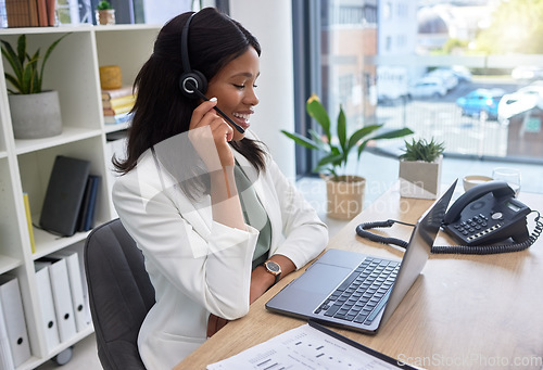 Image of Virtual assistant, call center woman and laptop for communication, telemarketing or consulting in office. Business agent, consultant talk or corporate financial advisor person on computer video call