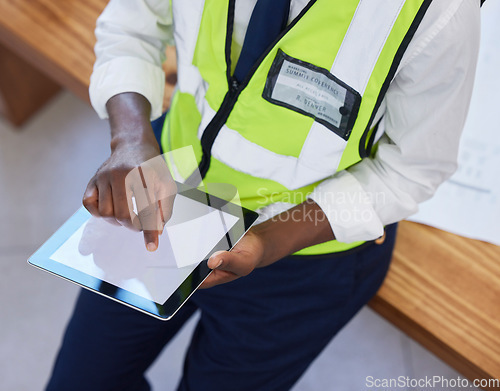 Image of Engineer, hands and man with tablet screen while online for planning, schedule and search for design. Construction, engineering or industrial mobile app with ux mockup space for website innovation