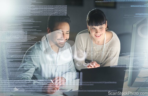 Image of Business people, code with partnership and information technology with laptop for coding, collaboration and overlay. Software development, team and man with woman in office, writing notes and meeting