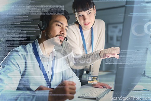 Image of Call center, digital overlay and team on computer for customer support, telemarketing and crm network. Communication, information technology hologram and woman training, help and consulting with man