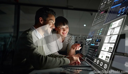 Image of Business people, dashboard or stock market hologram for trading data, investment or global stocks. Future overlay or team with digital ui or ux on financial app or software for profit growth at night