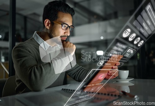 Image of Overlay, night and businessman reading on a tablet, website research and digital marketing online. Data, internet and Asian worker working on technology for information during overtime in the dark