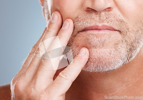 Image of Skincare, beard and mature man in a studio for a hygiene, grooming and cosmetic facial routine. Health, wellness and male model touching his face for a beauty, natural and dermatology treatment.