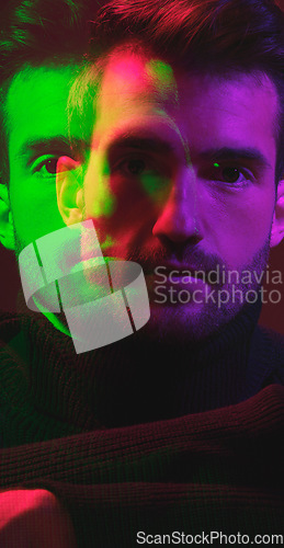 Image of Fashion, double exposure and face portrait of man isolated in neon studio for thinking, vision and confidence. Beauty, creative aesthetic and male model with elegant, trendy and stylish clothes