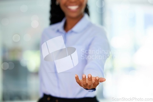 Image of Business woman hands with empty offer, product placement or invisible design for ai, futuristic or 3d design in office. Happy employee, person or professional with hand gesture for mockup space