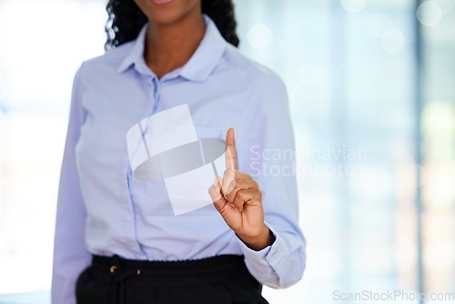 Image of Closeup, business and black woman pointing finger, ideas and suggestion for new project, office and support. African American female employee, agent and consultant with gesture for opinion and vote