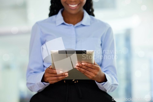 Image of Happy business woman, hands or tablet of financial business growth, savings data analytics or investment management. Zoom, finance or worker on technology for finance budget review or future research