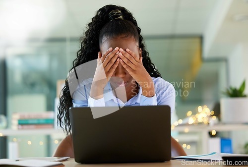 Image of Black woman, laptop or stress in financial loss, company budget or stock market mistake in business office. Anxiety, worry or burnout for finance worker on technology, investment fintech or tax audit