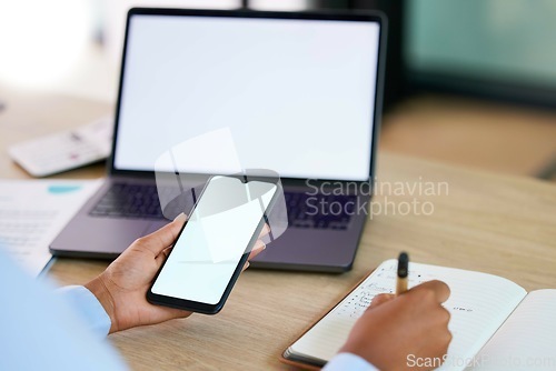 Image of Hands, phone or laptop mockup for notebook writing worker on budget, finance or insurance accounting app in business office. Zoom, black woman or technology screen mock up for financial fintech logo