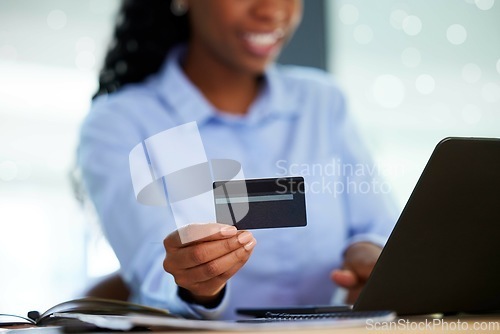 Image of Hands, credit card or laptop for online banking, investment management or company insurance on fintech business app. Zoom, black woman or finance worker on technology for debit order or audit budget