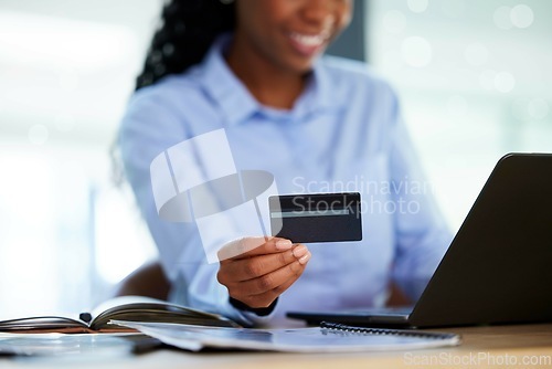 Image of Hands, credit card or laptop for online payment, investment banking or company insurance on fintech business app. Zoom, black woman or finance worker on technology in debit order or financial budget