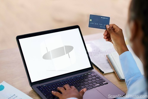 Image of Business hands, credit card or laptop mockup for online payment, investment or savings insurance mock up. Zoom, finance or black woman on technology blank screen for fintech website for future budget
