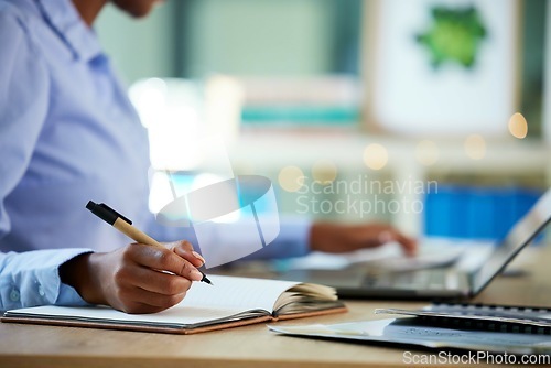 Image of Hands, writing or notebook for company budget, financial data or insurance accounting in business office. Zoom, black woman or calculating finance worker and notes, tax schedule or fintech technology