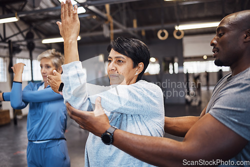 Image of Fitness, personal trainer and senior women stretching before a wellness workout in a training studio. Health, warm up and elderly female friends in retirement doing a exercise with male coach in gym.