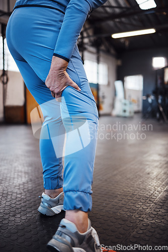 Image of Leg pain, injury and accident at a gym after exercise, training or sport workout with bruise. Fitness, sports and woman athlete limping from a swollen, inflammation or sprain muscle at a studio.