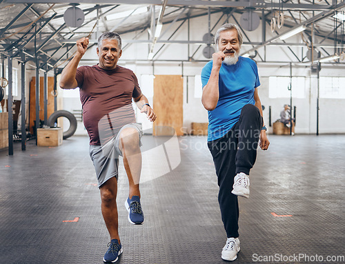 Image of Men portrait, exercise and gym partner for health and wellness for retirement fitness and energy. Senior people class for knee lift workout or training for strong body and cardio goals motivation