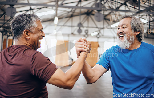 Image of Handshake, support or mature men in workout gym, training exercise or healthcare wellness or success. Happy friends, elderly or hands in teamwork motivation, collaboration or fitness community winner