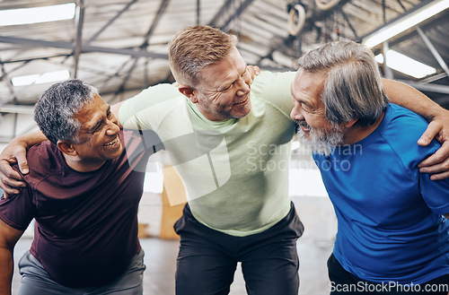 Image of Happy, hug or mature men in workout gym, training exercise or healthcare wellness in success celebration. Smile friends, elderly or embrace in fitness teamwork, collaboration or diversity community