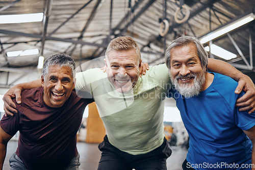 Image of Portrait, hug or mature men in workout gym, training exercise or healthcare wellness in success celebration. Happy friends, elderly or embrace in fitness teamwork, collaboration or diverse community