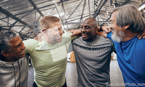 Image of Smile, hug or mature men in workout gym, training exercise or healthcare wellness in success celebration. Happy friends, elderly or embrace in fitness teamwork, collaboration or diversity community