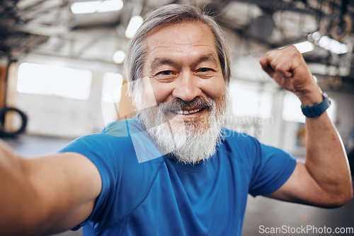 Image of Fitness, muscle and selfie portrait of Asian man in gym show biceps for motivation, wellness and cardio workout. Smile, healthy body and face of senior male after training, exercise and sports goals