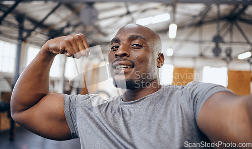 Image of Selfie portrait, fitness and black man with muscle in gym show biceps for motivation, wellness and cardio workout. Sports, strong and face of bodybuilder athlete for training, exercise and goals