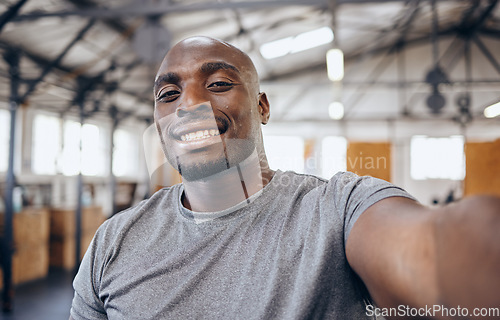 Image of Gym, exercise and selfie portrait of black man smile for motivation, wellness and bodybuilder workout. Smile, strong muscles and face of male athlete take picture for training, sports and fitness