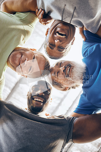 Image of Low angle, portrait or fitness huddle of men in workout gym, training exercise or healthcare wellness in bonding. Happy friends, mature or hug in sports teamwork, collaboration or diversity community