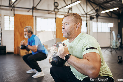 Image of Men, exercise and gym with dumbbells for health and wellness for retirement fitness and energy. Senior or mature people class for squat workout or training for strong body muscle and goals motivation