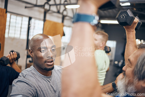 Image of Gym, old man and help from personal trainer with dumbbell weightlifting, muscle building and fitness in retirement. Health, exercise and workout at senior training club, sports coach helping grandpa